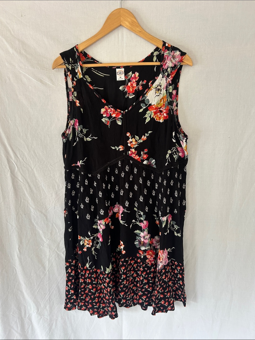 Bila Black Floral Sleeveless Midi Dress with Pink & Red Blooms